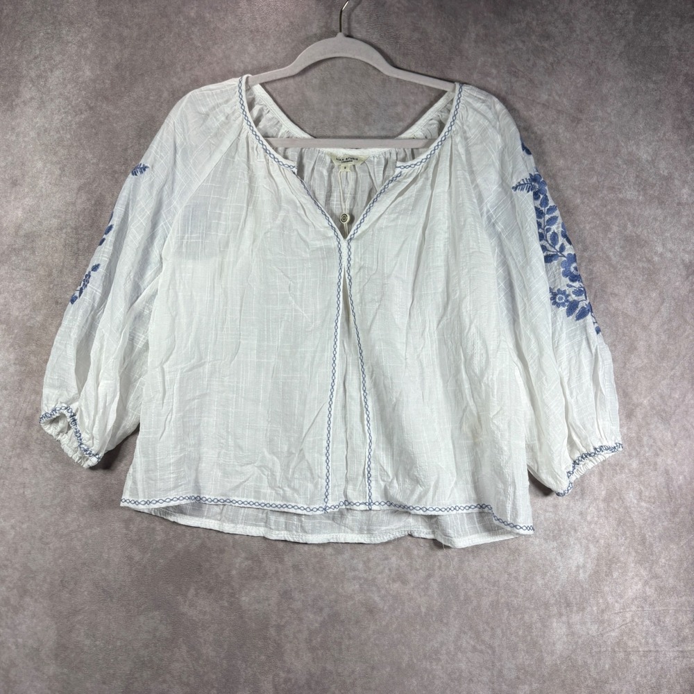 Max Studio Blouse Women Small White Blue Floral Embroidered Peasant Top Boho NEW